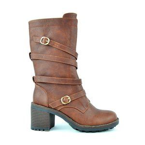 Cognac Women's Round Toe Chunky Heel Combat Boot